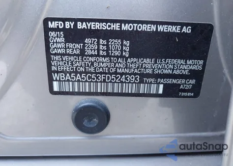 2015 BMW 528I from USA, damaged, VIN WBA5A5C53FD524393